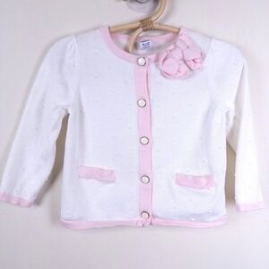 Janie and Jack Cardigan Kids 18-24M White Pink Bow Pointelle Knit Sweater